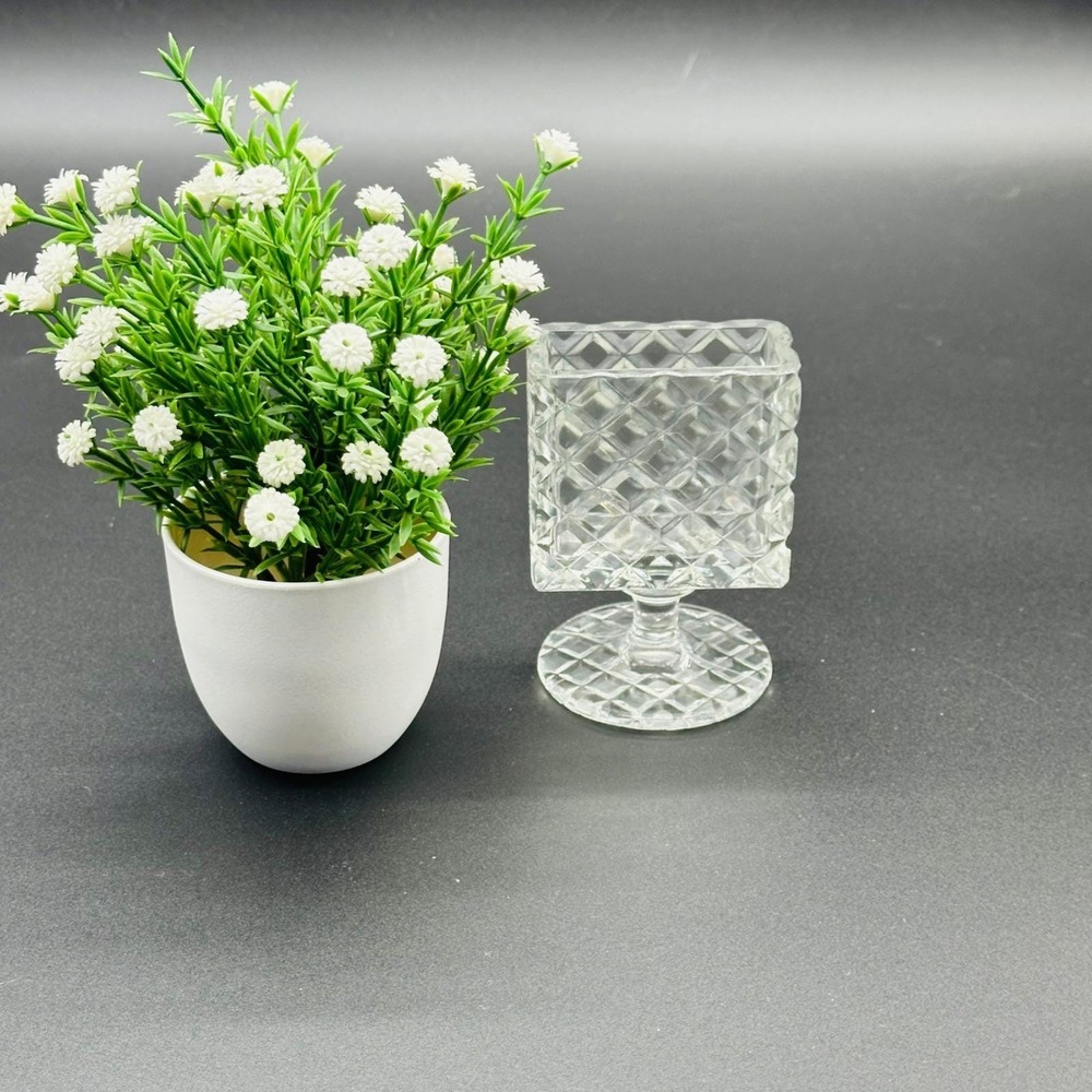 Japan Vintage Clear Pressed Glass Diamond Point Pedestal Cigarette Holder / Vase - Picture 2 of 6